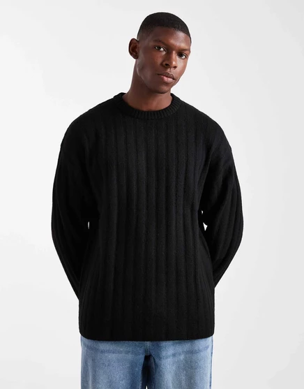 Черный свитер крупной вязки в рубчик Jack &Jones черного цвета black