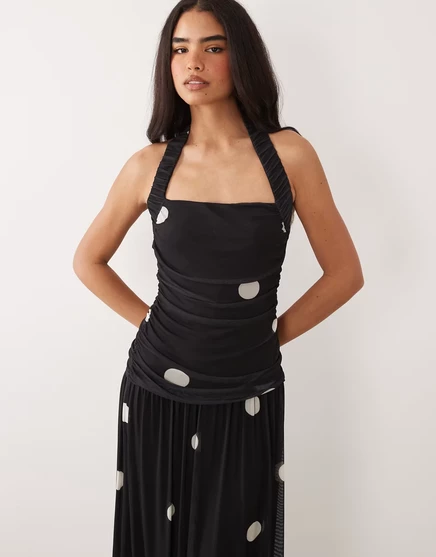 Макси-юбка макси с круглым вырезом и рюшами на шее в горошек от ASOS DESIGN soft touch