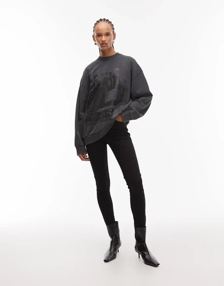 ДИЗАЙНЕРСКАЯ толстовка оверсайз ASOS DESIGN с винтажным рисунком группы в стираном сером цвете washed charcoal