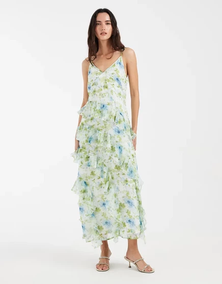 Женское платье Vero Moda Smilla шифоновое миди с рюшами, голубой принт