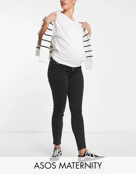 Черные джинсы скинни ASOS DESIGN Maternity с ремешком поверх выпуклости washed black