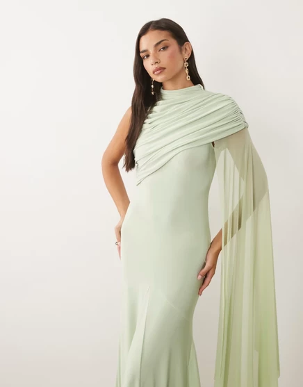 Женское макси-платье ASOS Design с кейпом-сеткой, шалфейное