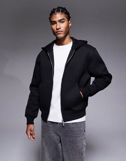 Облегающая толстовка с капюшоном на молнии от ASOS DESIGN heavyweight свободного кроя из черной ткани в стиле акваланга black