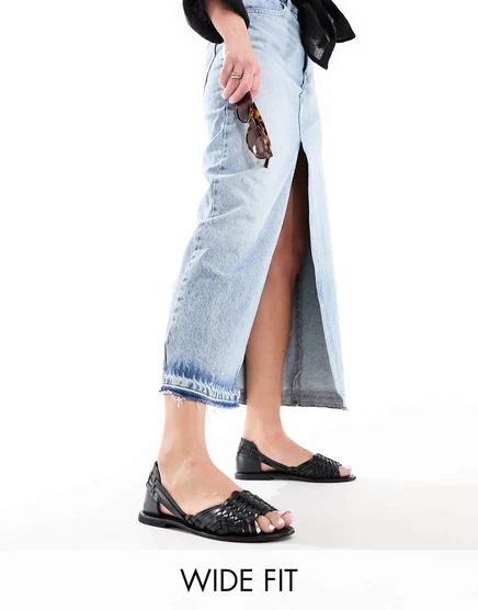 Черные кожаные плетеные сандалии на плоской подошве ASOS DESIGN Wide Fit Francisco black