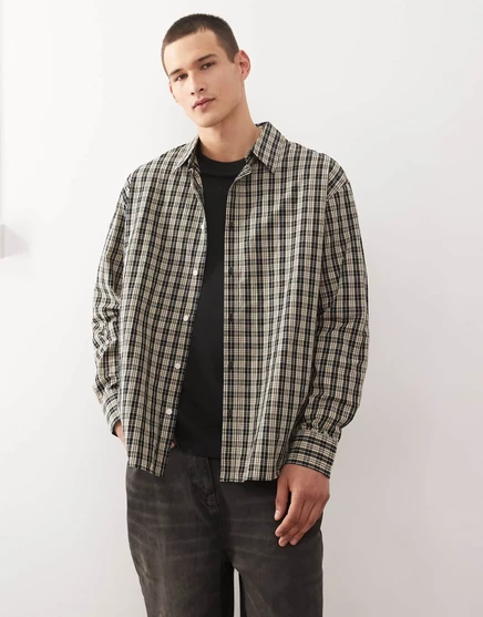 Рубашка оверсайз для буднего дня в бежевую и черную клетку beige check