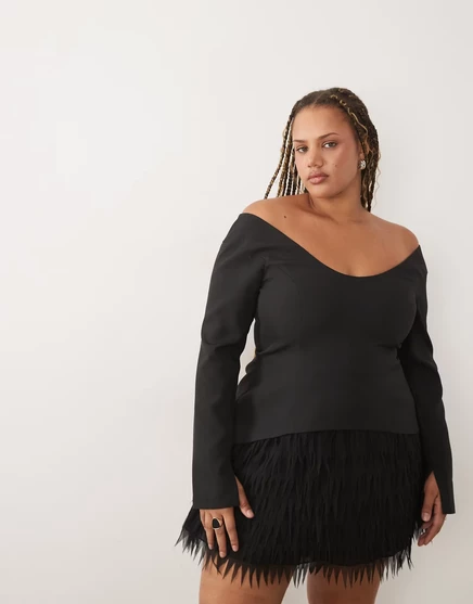 РОСКОШНОЕ мини-платье ASOS с длинным рукавом и юбкой из искусственных перьев черного цвета black