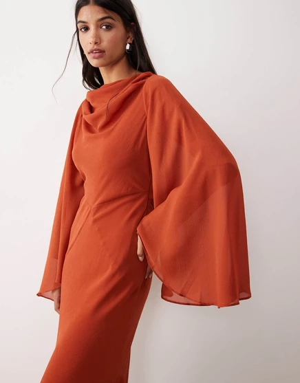 ДИЗАЙНЕРСКОЕ макси-платье ASOS с драпировкой на спине и асимметричным рукавом цвета ржавчины rust