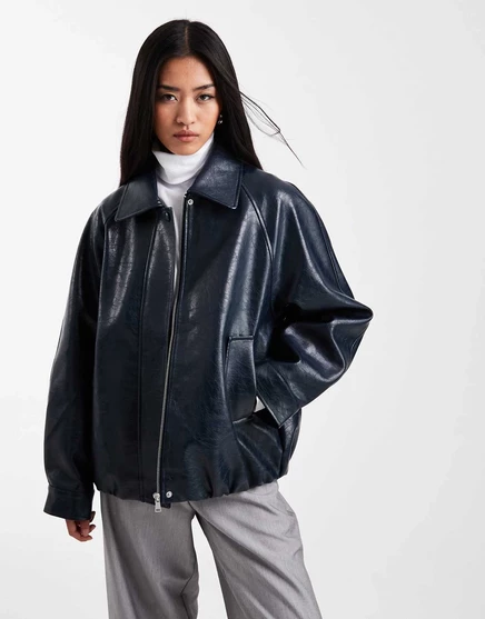 ДИЗАЙНЕРСКАЯ кожаная куртка-бомбер оверсайз от ASOS темно-синего цвета navy