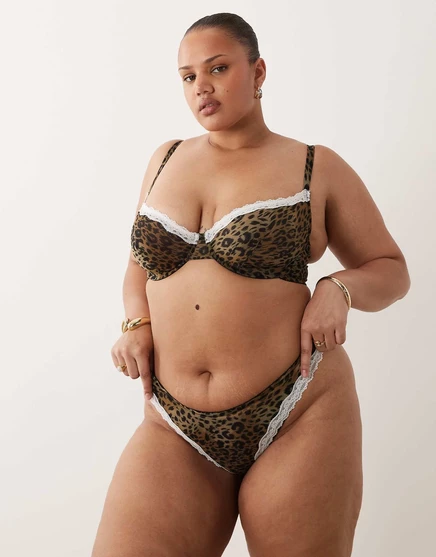 Бразильские трусы ASOS DESIGN Curve Savannah из прозрачной сетки с леопардовым принтом и кремовой кружевной отделкой leopard