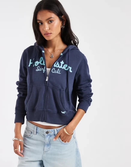 Женская укороченная толстовка‑худи Hollister с логотипом, темно‑синяя