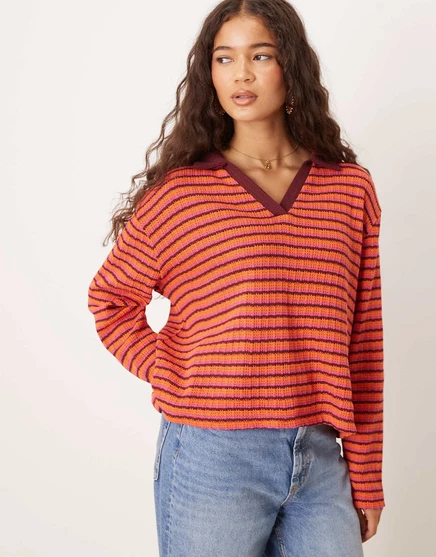 ДИЗАЙНЕРСКИЙ топ ASOS с длинным рукавом и воротником-регби в яркую полоску red stripe