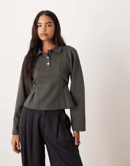 Топ с длинными рукавами и зауженной талией ASOS DESIGN interlock цвета воронова крыла raven