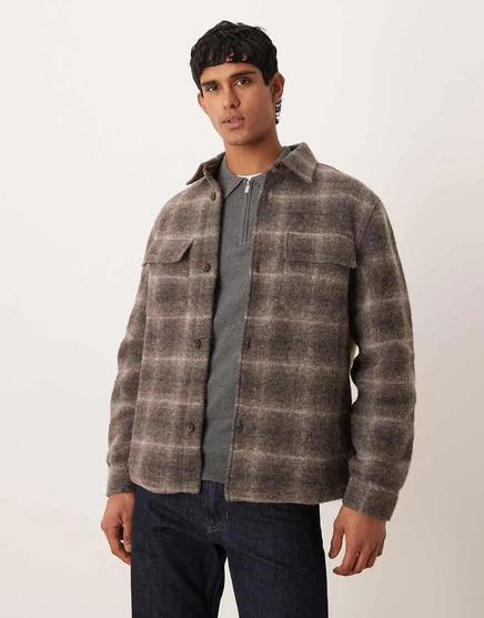 Клетчатая накидка из смеси шерсти Mango коричневого цвета brown