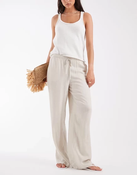 Широкие брюки из льна Vero Moda с завязками на талии в стиле stone moonbeam