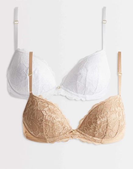 Энн Саммерс Сексуальный бюстгальтер с глубоким вырезом на кружевной подкладке, 2 упаковки белого и бежевого цветов