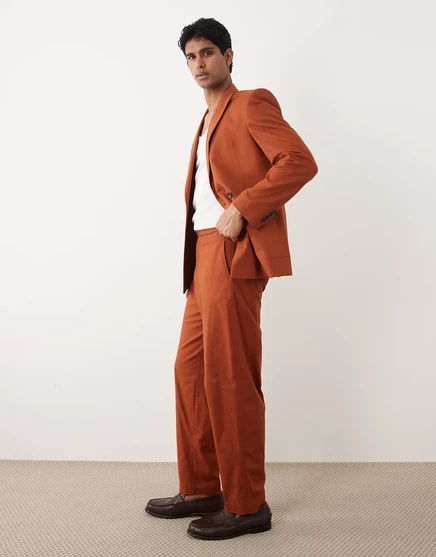 Мужские зауженные брюки ASOS Design хлопок‑лен, терракотовые