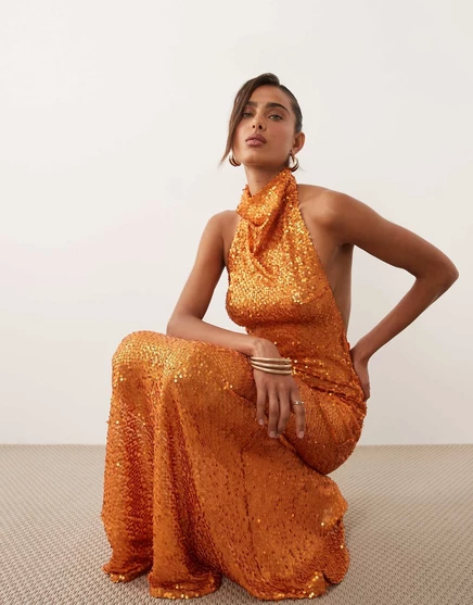 ДИЗАЙНЕРСКОЕ макси-платье ASOS DESIGN, украшенное прозрачными блестками на бретелях, матово-оранжевого цвета orange