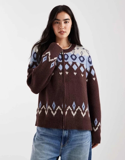 Свитер с рисунком Daisy Street fairisle на молнии коричневого и синего цветов cocoa