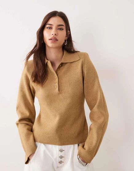 Топ-поло со структурированными наплечниками от ASOS DESIGN из верблюжьей кожи camel