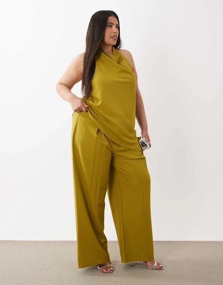 Облегающие широкие брюки ASOS DESIGN Curve из саржи с напуском зеленого цвета - часть комплекта green
