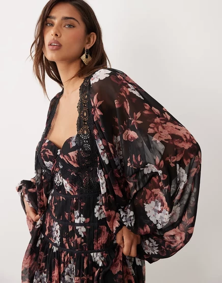 ДИЗАЙНЕРСКОЕ макси-платье ASOS с кружевной отделкой и корсетом с длинными рукавами коричневого цвета с цветочным принтом brown floral