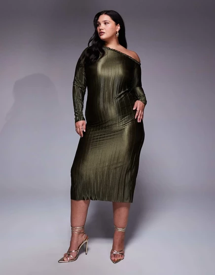 Женское плиссированное миди-платье ASOS Curve, хаки