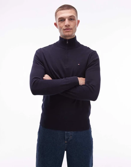 Темно-синий свитер Tommy Hilfiger essential из хлопка на молнии до половины длины navy