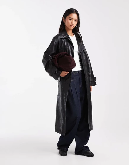 ДИЗАЙНЕРСКИЙ удлиненный тренч из кожи ASOS с контрастными карманами черного цвета black
