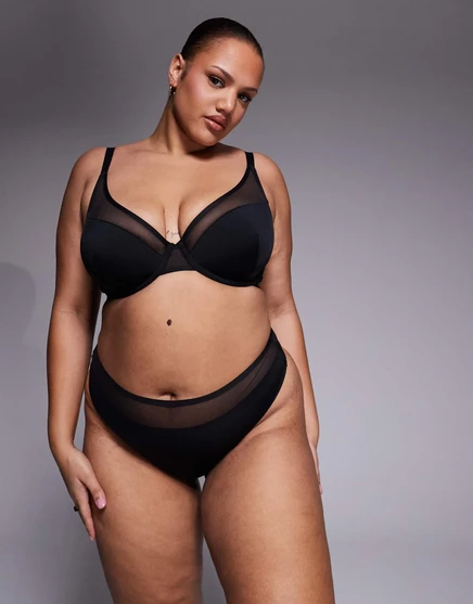 Черные стринги ASOS DESIGN Curve Ella из микрофибры с завышенной талией и сетчатой отделкой black