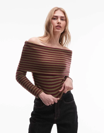 ДИЗАЙНЕРСКИЙ топ ASOS Supersoft touch со складками и открытыми плечами в полоску бордового и хаки stripe