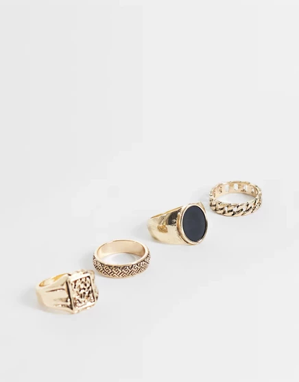 Кольцо-печатка ASOS DESIGN из 4-х упаковок с черным камнем и цветком в античном золоте
