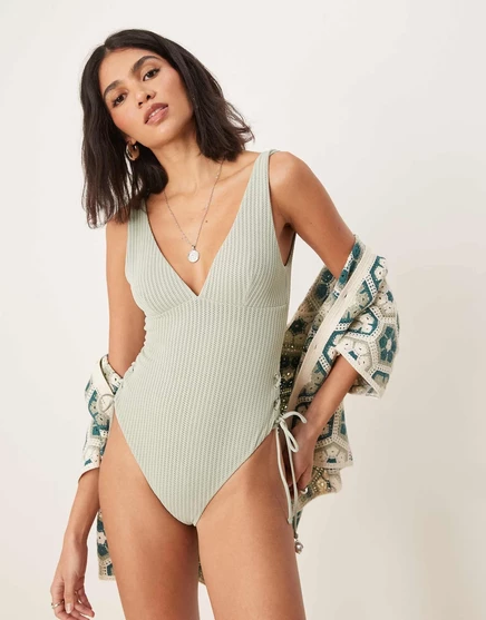 Купальник ASOS DESIGN Kai с фактурной завязкой по бокам и жемчужной отделкой цвета шалфея sage