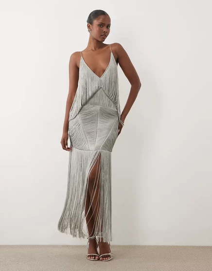 Женское платье ASOS Design макси с бахромой, серебристое