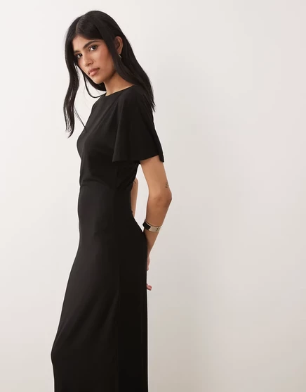 Женское миди-платье ASOS Design с кулиской на талии и V‑спинкой, черное