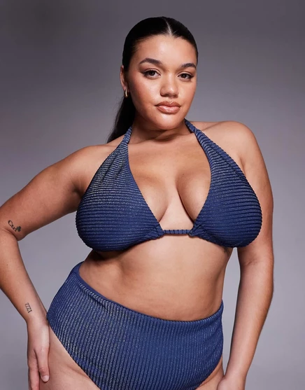 Топ-бикини ASOS DESIGN Curve Riddy Laguna из блестящего трикотажа в рубчик с высокой завязкой на спине темно-синего цвета slate blue