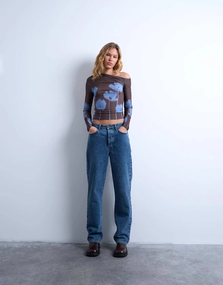 Топ с длинными рукавами и рюшами из микрофибры Topshop коричневого цвета с цветочным принтом chocolate brown