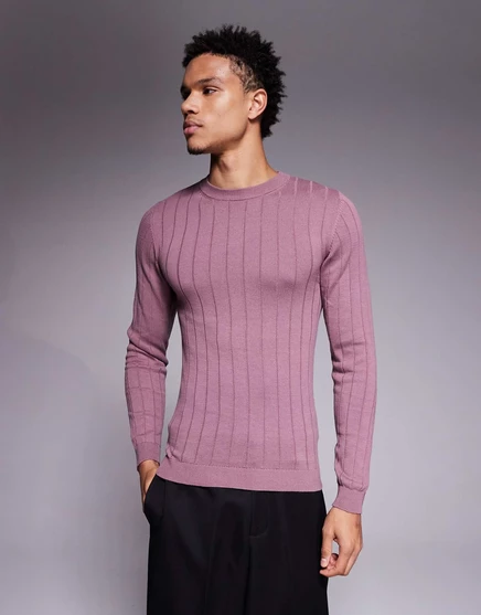 Мужской лонгслив ASOS Design облегающего кроя в рубчик, пыльно-розовый
