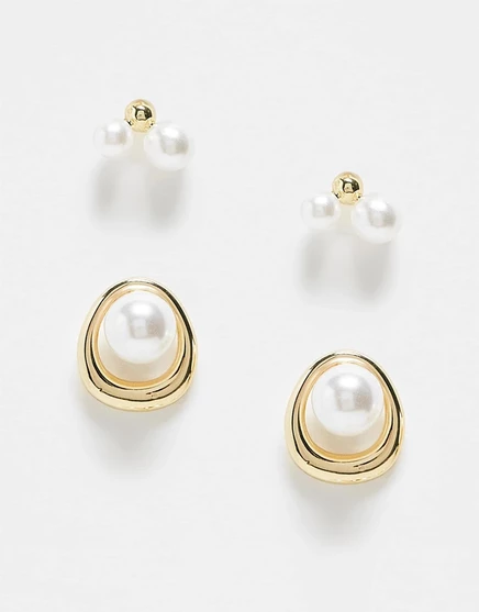 Серьги с жемчугом и гвоздиками из 2-х частей в золотой упаковке gold & pearl