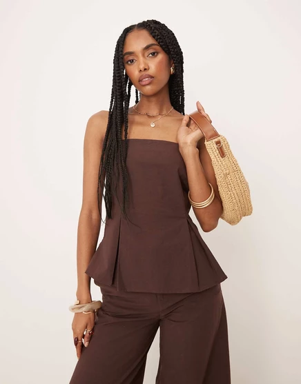 ДИЗАЙНЕРСКИЙ топ-бандо из льняной смеси ASOS с завышенной талией шоколадного цвета chocolate