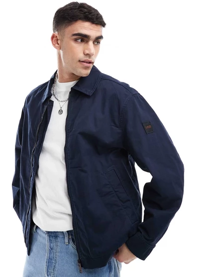 Хлопковая куртка harrington свободного покроя с логотипом BOSS Orange Ocrush-D box на рукаве темно-синего цвета navy