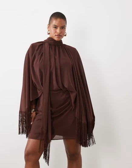 Платье ASOS Design Curve мини с бахромой, коричневое