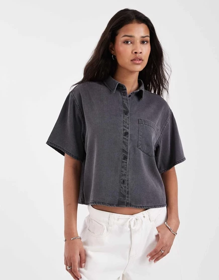 JJXX boxy shirt in washed black medium gray denim