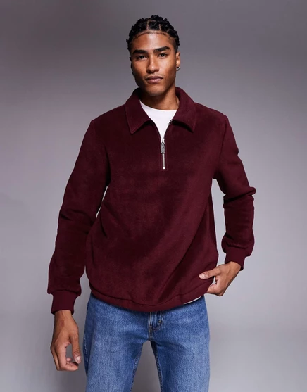 Флисовая толстовка ASOS DESIGN standard с застежкой на четверть молнии и воротником бордового цвета port royale
