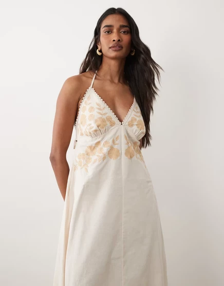 Женское платье Miss Selfridge макси с вышивкой, песочное