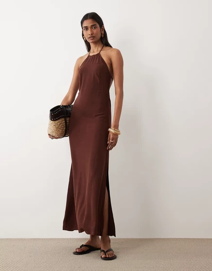 Женское макси‑платье Miss Selfridge шоколадное, халтер из льна