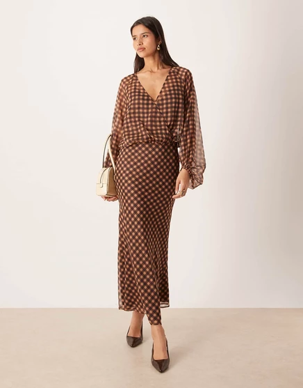 ДИЗАЙНЕРСКОЕ макси-платье ASOS с запахом из коричневой размытой ткани brown check