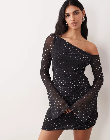 Женское мини-платье ASOS Design сетчатое с открытыми плечами и рукавами-ангел, в горох