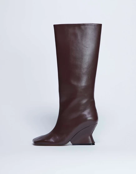 Кожаные сапоги до колена на танкетке Topshop Selma шоколадного цвета chocolate