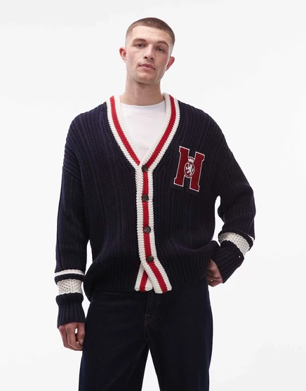 Кардиган с вышитым логотипом Tommy Hilfiger на груди и кантами темно-синего и красного цветов desert sky