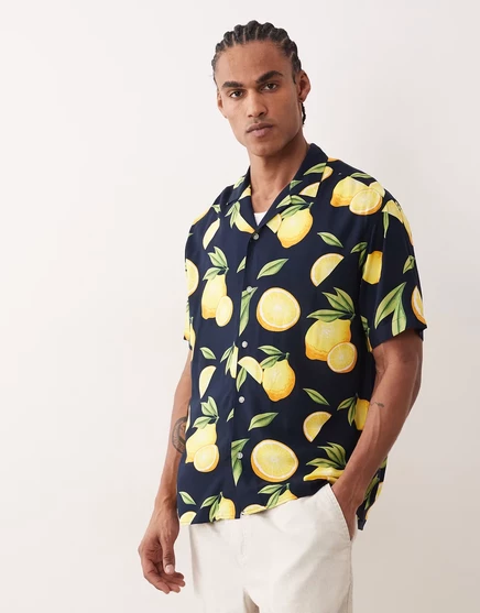 Мужская рубашка Jack & Jones с лимонным принтом, темно-синяя